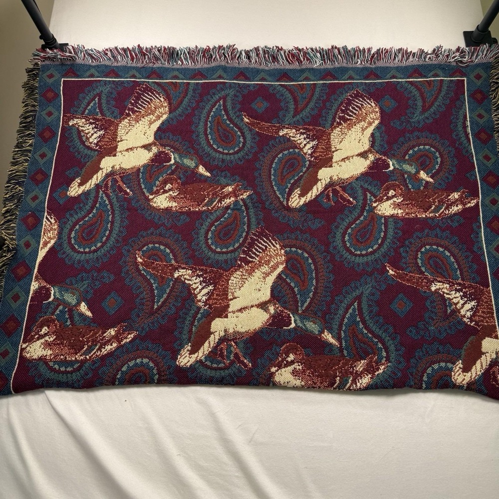 Vtg Woven Tapestry Throw Blanket Mallard Duck Paisley Fringe Burgundy Teal 47x70 - Picture 4 of 12